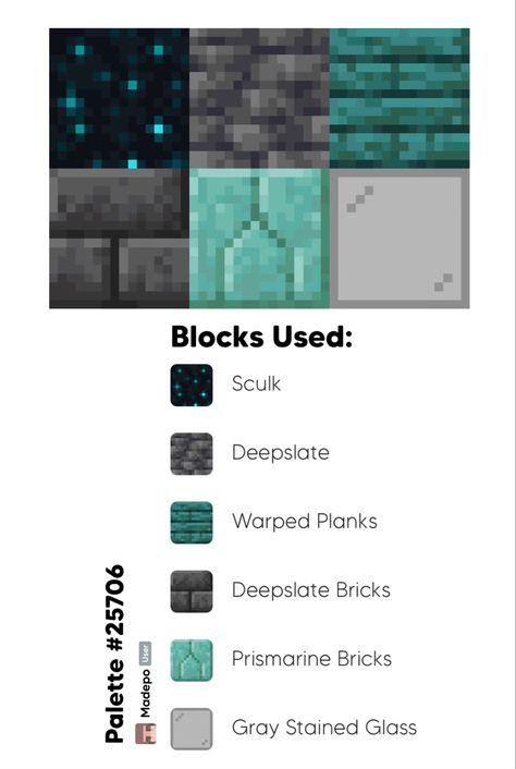 Minecraft Block Pallete- sculk, deepslate, warped planks, deepslare bricks, prismarine, gray stained glass. Underground build, base, blue build, cute pallete, dark pallete, 1.19 minecraft, mcyt Every Minecraft Block, Bedroom Ideas For Small Rooms Minecraft, Minecraft 1.20 Block Palette, Warped Minecraft Builds, Minecraft Pallets Ideas, Minecraft Color Palette Prismarine, Warped Planks Minecraft House, Sculk Minecraft Ideas, Warped Wood Pallet Minecraft