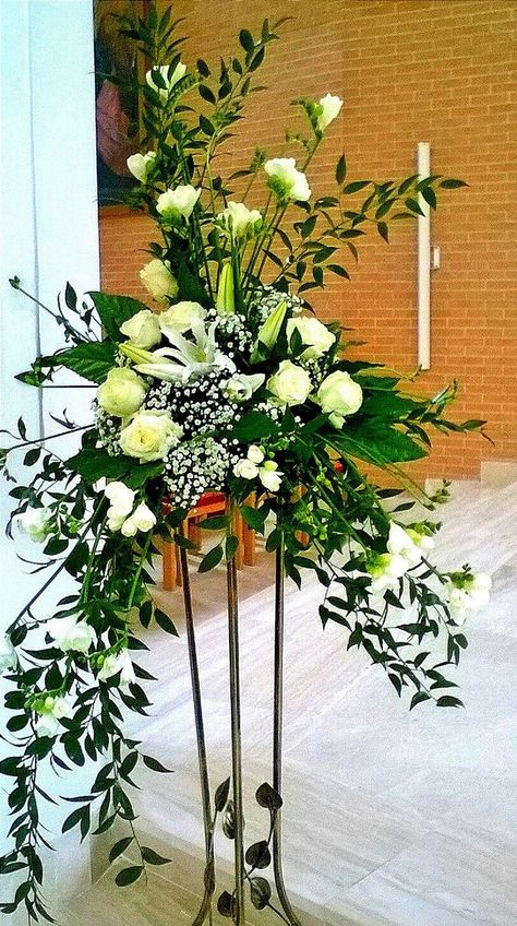 Wedding Flower Arrangements Church, Church Wedding Flowers, White Floral Arrangements, Easter Flower Arrangements, White Flower Arrangements, Altar Arrangement, Large Floral Arrangements, Altar Flowers, Large Flower Arrangements