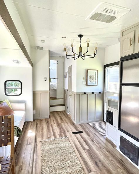 Renovated Forest River Fifth Wheel by @southsidecamper Minimal Camper Interior, 2003 Keystone Montana Remodel, Fifth Wheel Renovation, Fifth Wheel Bedroom Remodel, Renovated Fifth Wheel, 5th Wheel Remodel, 5th Wheel Camper Remodel, Fifth Wheel Remodel, Camper Renovation Ideas