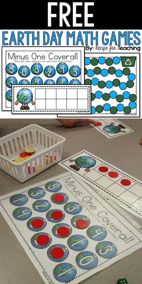 FREE Earth Day Math Games: Minus One Coverall, Race to the Recycling Bin, and Earth Day Themed Ten Frames! Earth Day Math Kindergarten, Earth Day Math Preschool, Earth Day Centers, Earth Day Math Activities, Kindergarten Earth Day, Recycling Games, Earth Day Math, April Themes, Earth Day Games