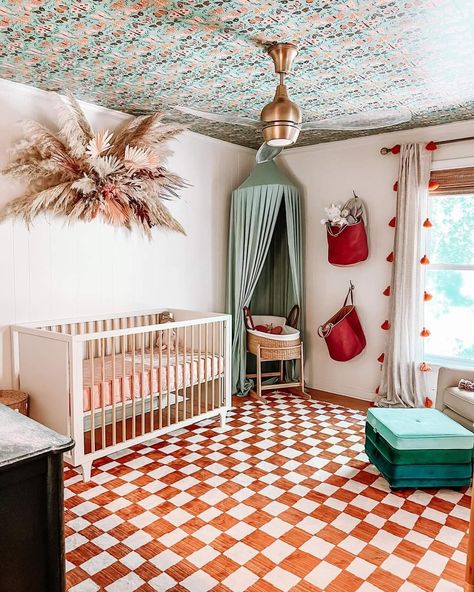 Red Nursery Girl, Eclectic Baby Room, Maximalist Nursery, Wild Flower Nursery, Bold Nursery, Red Nursery, Dreamy Nursery, Taupe Walls, Butterfly Nursery