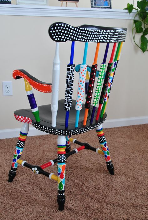 My crazy painted chair Chalk Painted Chairs Ideas, Painted Chairs Ideas Inspiration, Funky Painted Chairs, Painted Chairs Ideas, Quirky Paintings, Chair Painting Ideas, Painted Chairs Diy, Wood Chair Makeover, Chair Whimsy