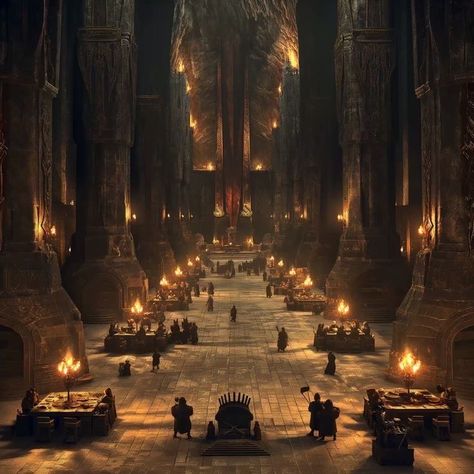 Dwarvish Architecture, Great Hall Castle, Fantasy Great Hall, Fantasy Dwarven City, Dwarven City Concept Art, Kazad Dum, The Seven Game Of Thrones, Dwarven Throne Room, Dwarven Aesthetic