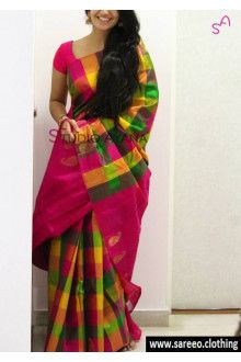 Palum Pazhamum Saree, Checked Saree, Wedding Sarees Online, Checks Saree, Silk Saree Kanchipuram, Pink Border, Indian Sarees Online, Wedding Saree Indian, Silk Saree Blouse