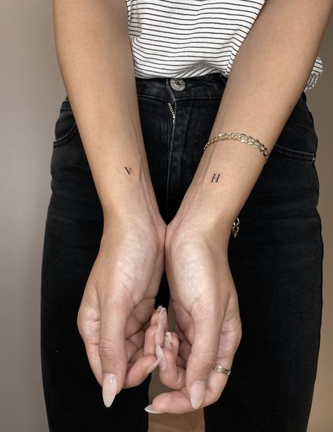 Single Needle Initial Tattoo, Single Needle Letter Tattoo, Arm Initial Tattoo, Initial Placement Tattoo, Finger Tattoos Initials Letters, Single Letter Tattoo Fonts, Small Letter Tattoo On Wrist, Letter Initial Tattoo Placement, Small H Tattoo Letter