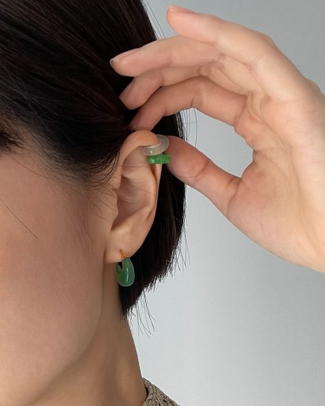 Our best stack is back in stock. Try Half moon and Abby together for a complete 💚 jade look. #seree #jadeearrings #jade #falllook Hollow Earrings, Half Moon Earrings, Thread Earrings, Jade Earrings, Agate Earrings, Square Earrings Studs, Stone Gold, Jade Stone, Moon Earrings