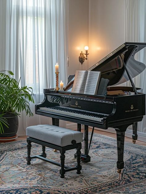 Midjourney AI Image: A peaceful indoor scene, with a black piano as the main item. On the piano, there is an open sheet m... → more in ai-img-gen.com Piano In Front Of Window, Piano Studio Room, Piano Nook, Black Luxury House, Grand Piano Room, Black Grand Piano, Sheer White Curtains, Piano Room Decor, Circular Carpet