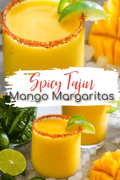 This Spicy Mango Margarita with Tajin is a spicy, fruity twist on the classic Mexican Margarita Cocktail! Bursting with tropical flavors and spicy zing, it's perfect for summertime sipping on a hot summer day. #margarita #mango #cocktail #summerdrinks Mango Jalapeno Margarita, Spicy Mango Margarita, Mexican Fruit Salads, Mango Margarita Recipe, Frozen Mango Margarita, Spicy Margarita Recipe, Mango Cocktail, Mexican Cocktails, Spicy Drinks