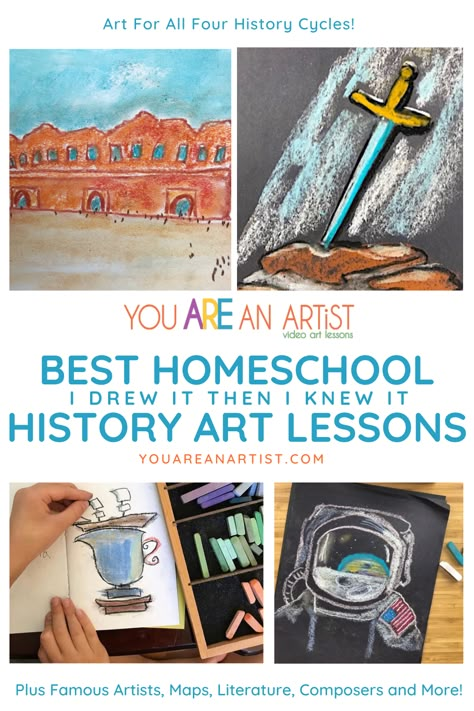 Art Lessons Homeschool, Draw And Write Through History, Upper Elementary Crafts Art Projects, Homeschool Art Class Ideas, Art History Curriculum High School, Us History Projects High School, Art For Homeschoolers, History Unit Studies, Art History Elementary Lessons