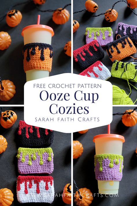 Crochet Halloween Coffee Cozies, Ooze Cup Cozies, Crochet Pumpkin Cup Cozy Free Pattern, Crochet Halloween Mug Cozy, Crochet Wedding Ideas Decoration, Crochet Pumpkin Mug Cozy, Cup Coozie Crochet, Thing Crochet Pattern, Crochet Drip Pattern