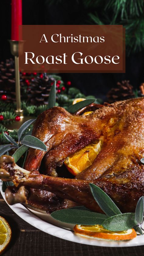 Make a Dickens' inspired Christmas feast with this roast goose recipe! The star of the Cratchit family Christmas dinner is a succulent roast goose. Although Scrooge considers it a small goose, the Cratchit family is able to create a scrumptious spread with what little they have. This slow roasted goose has juicy dark meat with golden crispy skin. Serve with a flavourful port wine gravy made with giblet broth. Roasted Goose Recipes, Non Turkey Christmas Dinner, Roast Goose Christmas, Christmas Goose Recipes, Norwegian Christmas Dinner, Meals For Christmas Dinner, Goose Recipes Wild, Goose Roast, Victorian Christmas Dinner