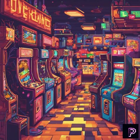 Step into a vibrant retro arcade, where classic games and colorful characters come to life in dynamic pixel art. 🎮✨   What nostalgic adventure will you pixelate today?   #AI #Art #PicassoAIArt #PixelArt #RetroArcade Arcade Tattoo Ideas, Classic Arcade Games, Arcade Drawing, Pixel Art Arcade, Arcade Illustration, Arcade Pixel Art, Book Art Illustration, Aspen Comics, Arcade Art