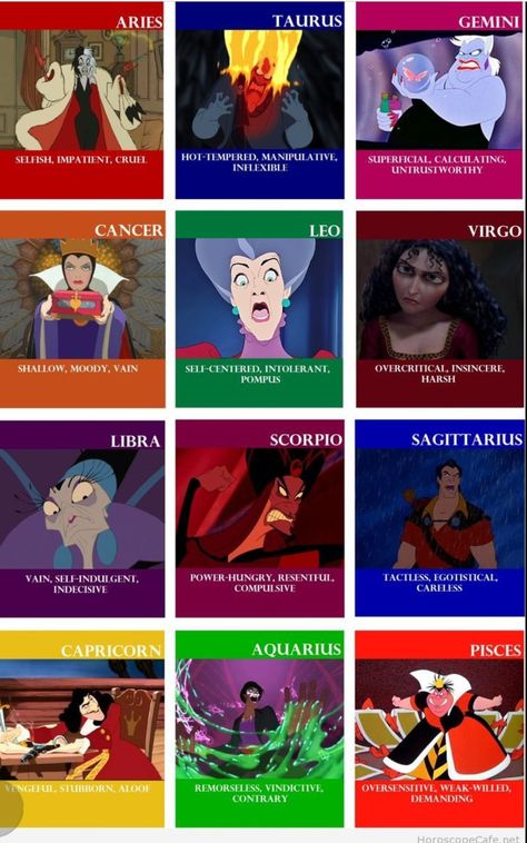 #zodiac #signs #disney #villains #horoscope Zodiac Sign Fashion, Zodiac Signs Virgo, Zodiac Things, Zodiac Personalities, Zodiac Society, Zodiac Signs Horoscope, Zodiac Signs Funny, Capricorn And Aquarius, Zodiac Memes