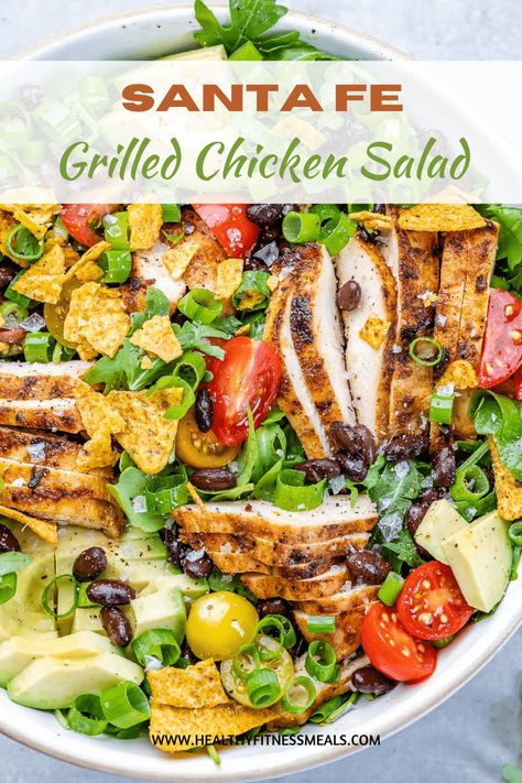 This copycat Santa Fe Salad with Grilled Chicken is the perfect Southwest Salad. Loaded with grilled chicken, cherry tomatoes, black beans, and avocado, it gets drizzled in homemade Santa Few Dressing and topped with a sprinkle of tortilla chips. Chilis Santa Fe Chicken Salad, Chicken Santa Fe Salad, Grilled Chicken Salad Recipes, Chicken Cherry Tomatoes, Santa Fe Chicken Salad, Santa Fe Salad, Food Mediterranean, Salad With Grilled Chicken, Southwest Chicken Salad