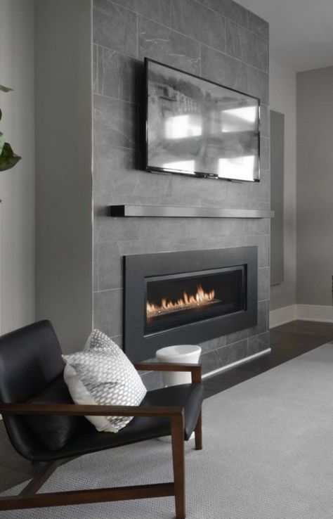 Gray Tile Fireplace Modern, Gray Marble Fireplace Wall, Fire Places Ideas Living Room With Tv, Indoor Fireplace Living Rooms, Charcoal Grey Fireplace, Electric Fireplace Design, Office Ideas Basement, Tv Built Ins, Living Room Fireplace Wall