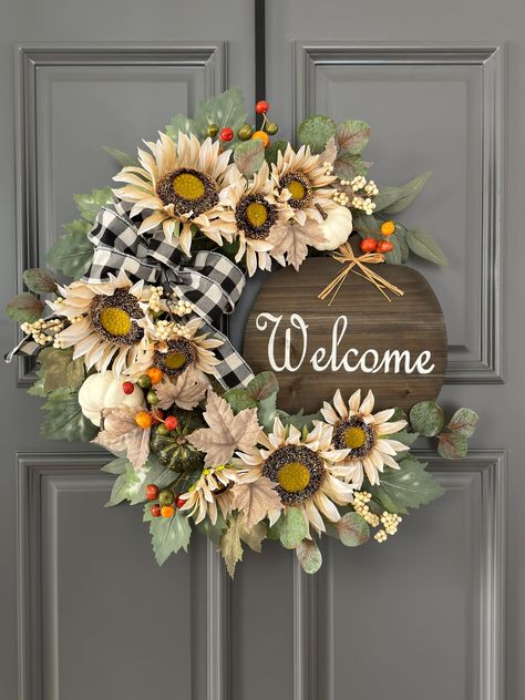 PRICES MAY VARY. This fall sunflower welcome wreath gives a rustic and elegant feel, distinguishing it from those festive fall wreaths, it's neutral and refreshing fall decor that stands out from the crowd of heavily colored fall wreaths! It is handmade with high quality artificial materials. As the picture shows, the large white sunflowers & green maple leaves are rich in detail and realistic texture, covering the whole wreath completely, it looks very full no matter which angle you view it fro Broncos Wreath, Welcome Decoration, Fall Door Decor, New Home Kitchen, Wall Hanging Handmade, Wooden Wreaths, White Sunflowers, Country Wreaths, Fall Door Decorations