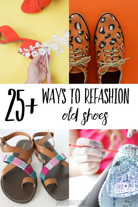 See how to makeover old shoes with some of these easy diy ideas! Check out ways to update boring shoes and save stained or worn out shoes with shoe refashion tutorials. Sandal Makeover Diy, Diy Boots Makeover Shoe Refashion, Diy Shoe Accessories Ideas, Painted Shoes Diy Ideas, Diy Shoe Refashion, Making Shoes Diy, Shoe Decoration Ideas, Diy Shoe Ideas, Upcycle Shoes Diy