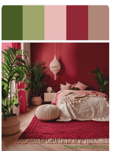 Pink Red Room Decor, Bright Pink Bedroom Walls, Red Pink Living Room, Small Bohemian Bedroom Ideas, Color Theory Bedroom, Boho Red Bedroom, Pink Boho Room Ideas, Magenta Room Ideas, Deep Pink Bedroom