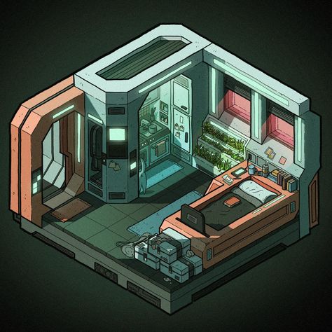 Sci Fi Room, Cyberpunk Room, Scifi Interior, 3d Karakter, Spaceship Interior, Micro Apartment, Sci Fi Environment, Isometric Art, Futuristic Interior