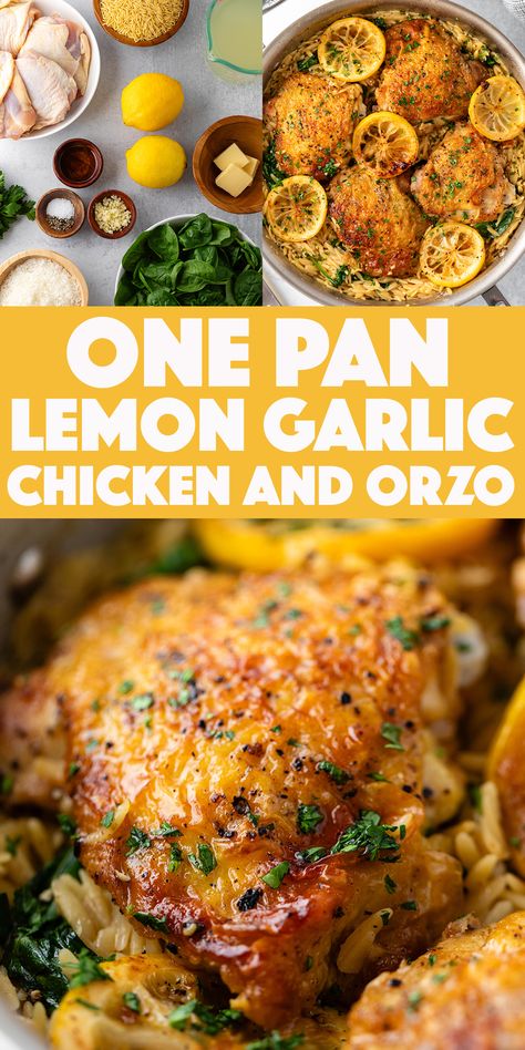 One Pan Lemon Garlic Chicken Thighs with Orzo - juicy golden brown lemon garlic chicken thighs with flavor-packed orzo and baby spinach. Chicken Thighs With Orzo, Orzo Salat, Lemon Garlic Chicken Thighs, Chicken And Orzo, Garlic Chicken Thighs, Lemon Chicken Thighs, Chicken Thighs Dinner, Orzo Salad Recipes, Chicken Thighs Recipes