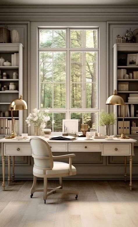 French Cottage Office, Office With Library, Home Office With Bookshelves, French Country Home Office, Classic Home Office, French Country Office, Classic Office Design, Library Home Office, Cottage Office