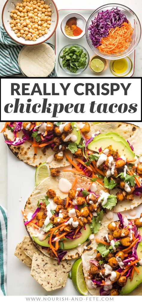 Crispy Chickpea, Seasoned Chickpeas, Meatless Meals Healthy, Creamy Chipotle Sauce, Chickpea Tacos, Veggie Tacos, Vegetarian Tacos, Crispy Chickpeas, Healthy Tacos