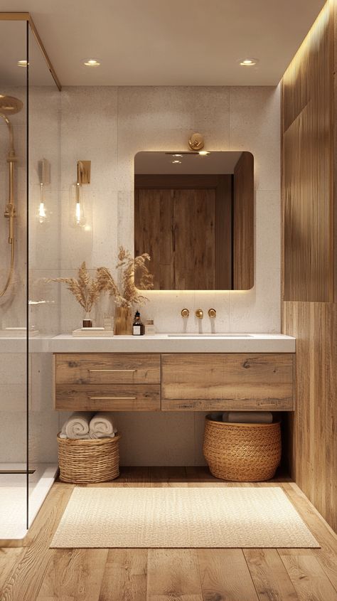 Natural Ensuite Ideas, Neutral En Suite Bathroom, Romantic Ensuite Bathroom, White And Wood Bathroom Decor, Bathroom Wood Panel Wall, White Wood Gold Bathroom, Natural Wood Bathroom Vanity Ideas, Luxury Boho Bathroom, Wood Tile Accent Wall Bathroom