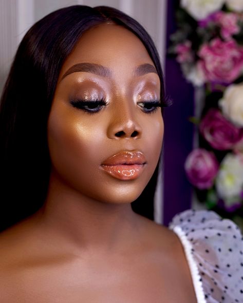 Glossy Eyelids, Black Wedding Makeup, Glossier Skin, Muni Long, Bridal Hair Half Up Half Down, Makeup Dewy, Black Makeup Artist, Instagram Makeup Artist, Glossy Eyeshadow