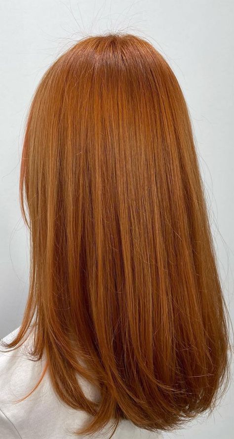 Copper Shimmer Hair Color, Medium Golden Copper Hair Color, Titian Hair Colour, Medium Orange Copper Hair, Copper Formula Hair, Golden Orange Hair, Medium Length Copper Hair, Light Copper Hair Color, Medium Golden Copper Hair