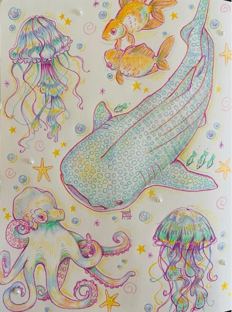 Cool Summer Drawings, Watercolor Art Detailed, Funky Sketch Ideas, Beach Colored Pencil Drawing, Colorful Art Sketches, Colored Pen Drawing, Cute Pastel Drawings, Cute Sketchbook Pages, Cute Sketch Book Ideas