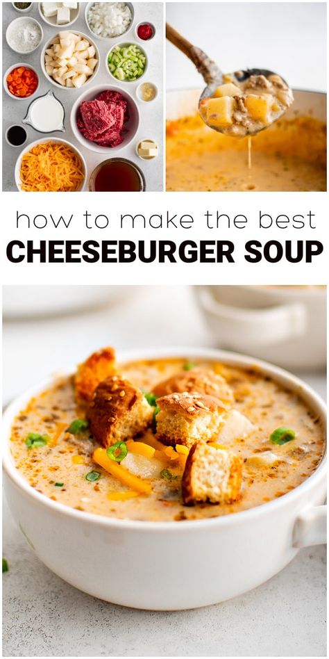 Amish Cheeseburger Soup, Ground Turkey Cheeseburger Soup, Stovetop Cheeseburger Soup, Cheeseburger Soup Without Velveeta, Cheeseburger Soup No Velveeta, Dairy Free Cheeseburger Soup, Hamburger Meat Soups, Big Mac Soup, Soup Recipe With Ground Beef