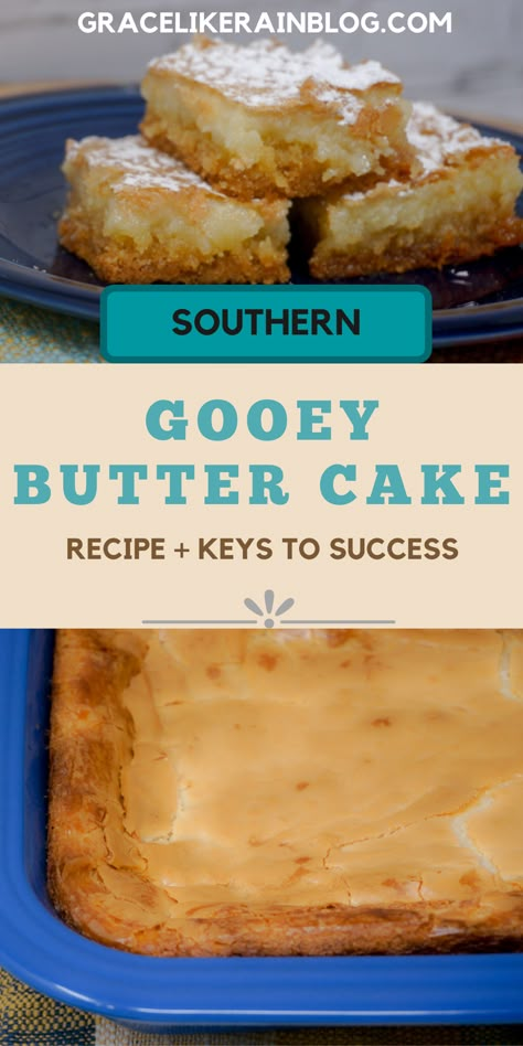 Gooey Butter Cake is a super easy two-layer bar dessert. It is so buttery and delicious with that flaky top and that ooey-gooey filling. This dessert is perfect for your next potluck! Gooey Butter Cake from a cake mix is an easy bar dessert that will knock your socks off. | Ooey Gooey Butter Cake | Butter Bars | Butter Cake Recipe | Paula Deen Butter Cake | Easy Brownies and Bars Recipes | Potluck Recipes Vanilla Butter Cake, Doctored Cake Mix Recipes, Canned Pumpkin Recipes, Ooey Gooey Butter Cake, Christmas Cookie Recipes Holiday, Gooey Butter, Apple Puff Pastry, Pumpkin Recipes Easy, Apple Recipes Easy