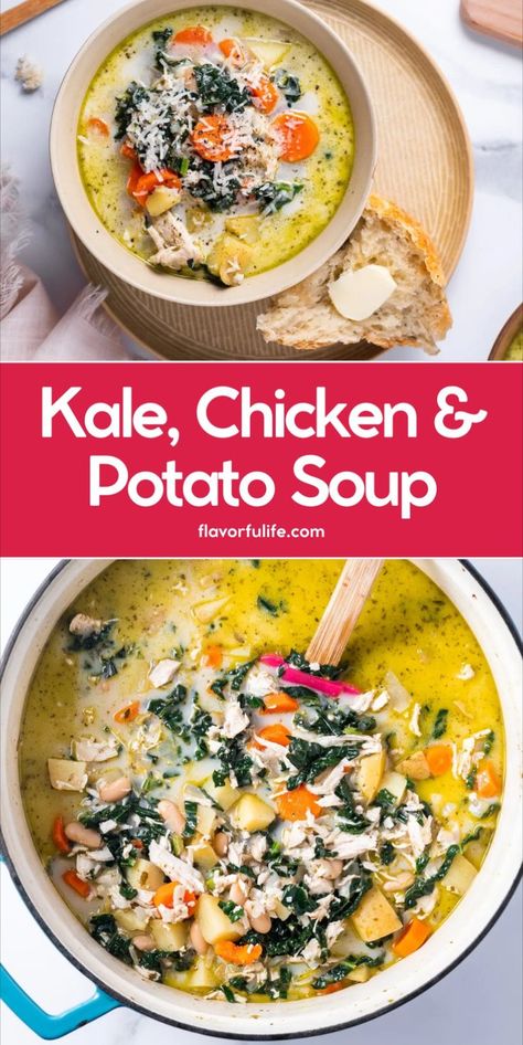 This kale soup recipe is a hearty soup. This tender kale soup with chicken is the best kale potato soup ever. It’s the best kale soup for a healthy soup packed with protein. Perfect comfort food, this one pot dish makes for an easy dinner any night of the week. Soups With Kale In It, Recipes With Kale Easy, Soup With Kale Recipes, Kale Soup Crockpot, Kale Chicken Soup, Recipes Using Kale, Kale And Potato Soup, Healthy Chicken Soup Recipes, Potato And Kale Soup