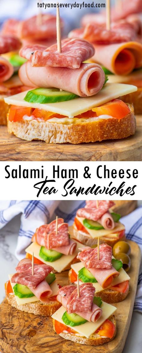 Classic Club Tea Sandwiches Recipe - Tatyanas Everyday Food Tea Finger Sandwiches, Party Sandwiches Recipes, Tea Party Sandwiches Recipes, Garlic Parmesan Fries, Tomatoes And Cucumbers, Boneless Chicken Wings, Club Sandwiches, Parmesan Fries, Salami And Cheese