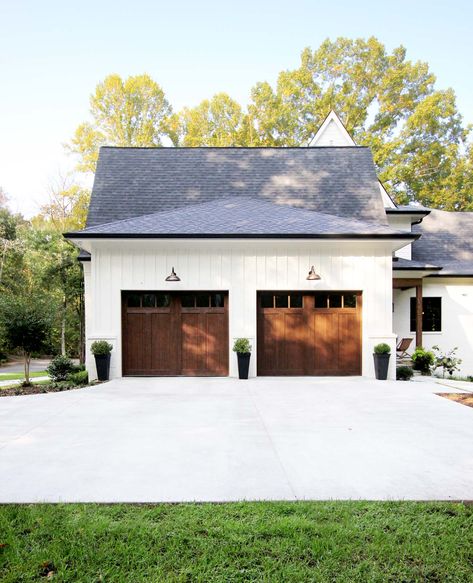 Benefits of a Concrete Driveway and How Much It Costs - Plank and Pillow Driveway Concrete, Plank And Pillow, Farmhouse Garage, Wood Garage, Garage Exterior, Wood Garage Doors, Garage Addition, Driveway Entrance, Driveway Design