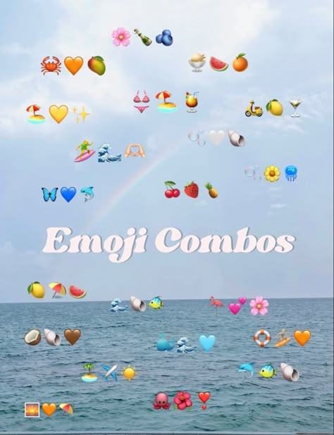 Emoji combos
Emoji combinations
Summer emoji’s August Emoji Combo, Pool Day Emoji Combos, Summer Emoji Combinations Aesthetic, Beachy Emoji Combinations, Pool Emoji Combinations, Hawaii Emoji Combos, Vacay Emoji Combos, Lake Emoji Combinations, Sunrise Emoji Combo