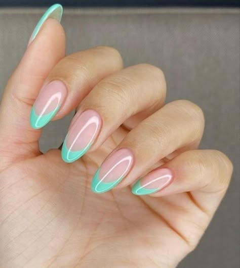 Almond Nails Teal French Tip, Almond Nails Aqua, Teal Almond French Tip Nails, Turquoise French Tip Nails Almond, Aqua Tip Nails, French Tips Teal, Teal Green French Tip Nails, Spring French Tip Nails Almond, Tiffany Blue French Tip Nails