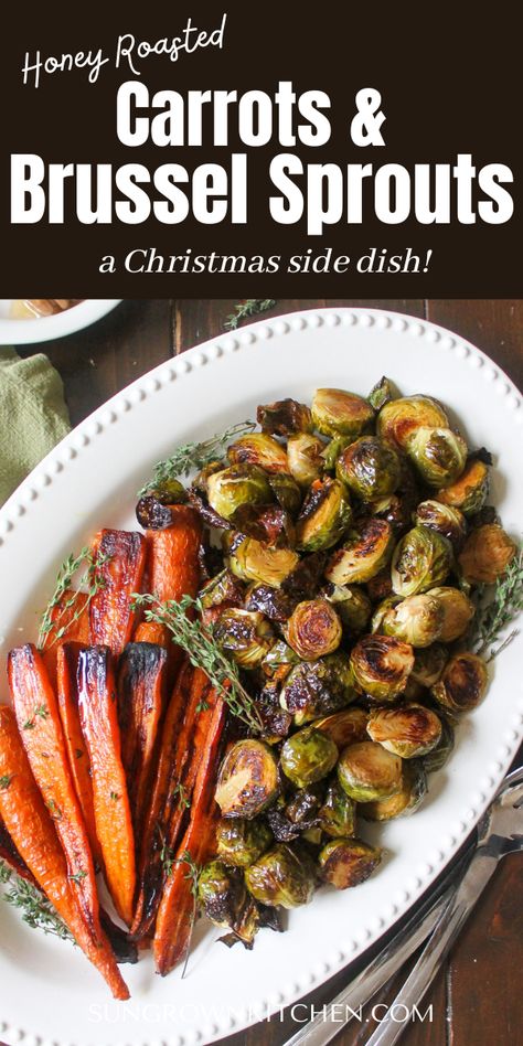 A platter of roasted carrots and Brussel sprouts for the holidays! Roasted Carrots And Brussel Sprouts, Carrots And Brussel Sprouts, Honey Roasted Brussel Sprouts, Honey Balsamic Brussel Sprouts, Brussel Sprout Side Dish, Christmas Vegetables Side Dishes, Honey Brussel Sprouts, Balsamic Carrots, Brussel Sprouts Recipes