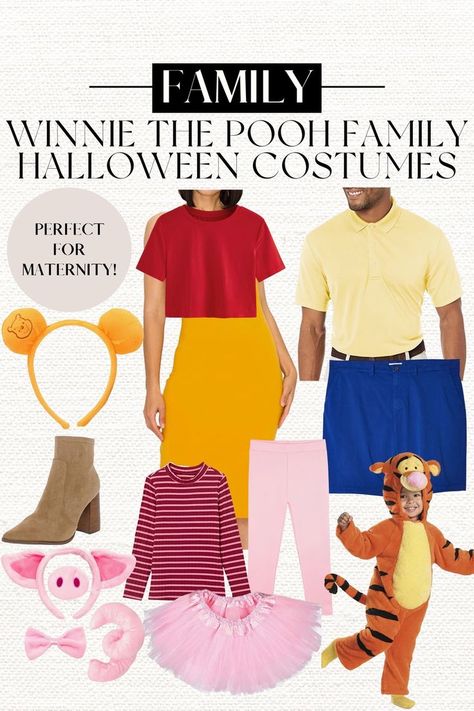 Piglet Costume Diy, Winnie The Pooh Costumes, Maternity Costume, Piglet Costume, Tigger Costume, Family Costumes Diy, Family Themed Halloween Costumes, Halloween Family Costumes, Winnie Poo