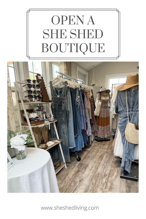 Boutique Style Closet Ideas, Clothing Rack Boutique Store Displays, Garage Retail Store, Backyard Boutique Ideas, Small Space Boutique Display, Shed Retail Store, Shed Store Ideas, Shed Into Boutique, Boutique At Home Ideas