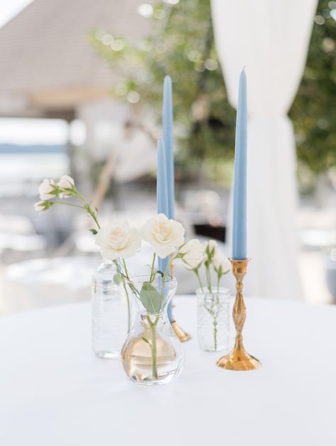 Dusty Blue Centerpieces Wedding Simple, Simple Blue Wedding Decor, Pastel Centerpieces Wedding, Simple Wedding Tables, Flower And Candle Centerpiece, Non Floral Wedding Centerpieces, Simple Blue Wedding, Minimalist Blue Wedding, Cheap Wedding Table Centerpieces