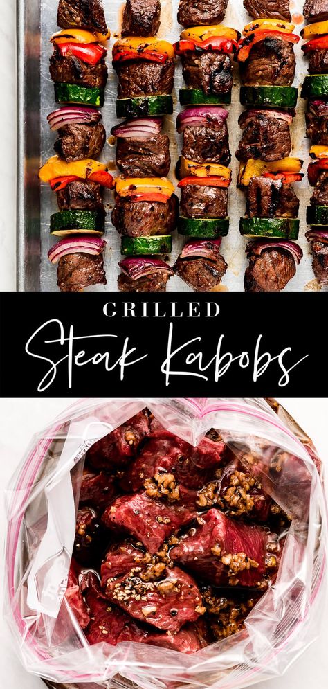 Steak Kabobs are an easy, healthy, and delicious entrée the whole family will love! Tender and juicy sirloin steak is marinated in a flavorful garlic marinade and threaded on skewers with crisp garden vegetables. Steak Marinade For Kebobs, Best Beef For Kabobs, Smoked Shish Kabobs, Best Grill Meals, Marinated Steak Skewers, Sirloin Beef Steak Recipes, Keto Steak Kabobs, Meat For Grilling, Shrimp Steak Kabobs