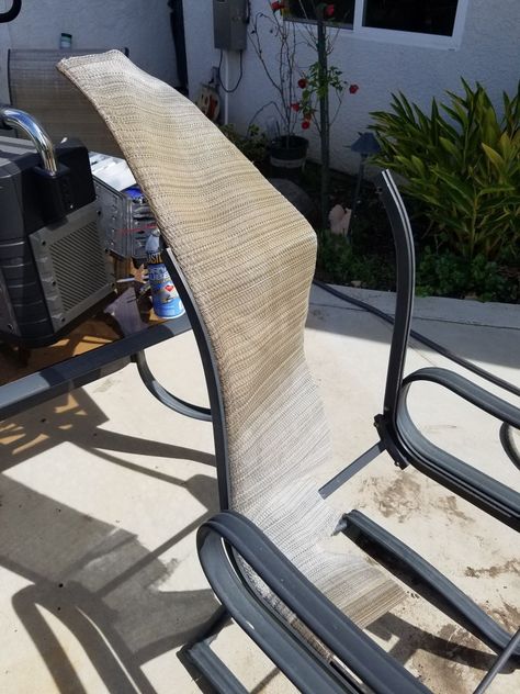 Replacing Fabric on a Sling Patio Chair Fun Diego Family Guide Sunflower Backyard, Patio Chair Repair, Patio Chairs Makeover, Outside Chairs, Outdoor Sling Chair, Metal Patio Chairs, Outdoor Furniture Fabric, Patio Furniture Makeover, Chair Redo