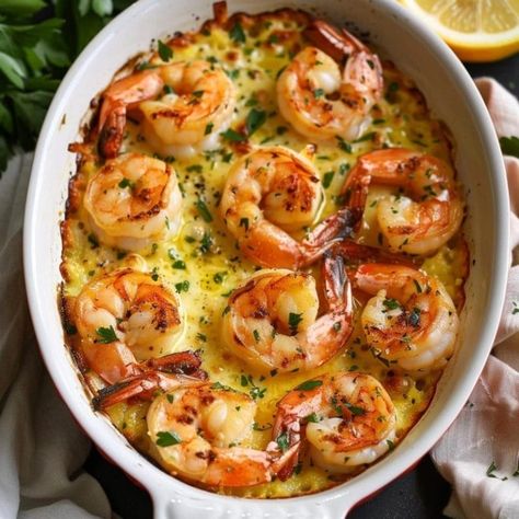 Tasty Recipes Shrimp Bake Recipes, Fish Shrimp Recipes Dinners, Recipes With Shrimp And Scallops, Food Recipes With Shrimp, Stovetop Shrimp, Shrimp Recipes Baked, Easy Baked Shrimp Recipes, Shrimp And Butter, Shrimp Scampi Bake