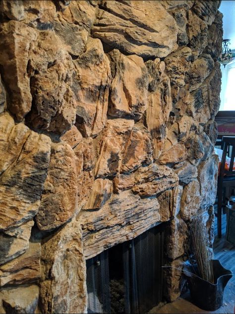 Wood Mantels On Stone Fireplace, Limewash Rock Fireplace, Rock Fireplace Mantle, Old Stone Fireplace Makeover, Moss Rock Fireplace, How To Build A Mantle, Stone Fireplace Mantle, Diy Fireplace Mantle, Rustic Stone Fireplace