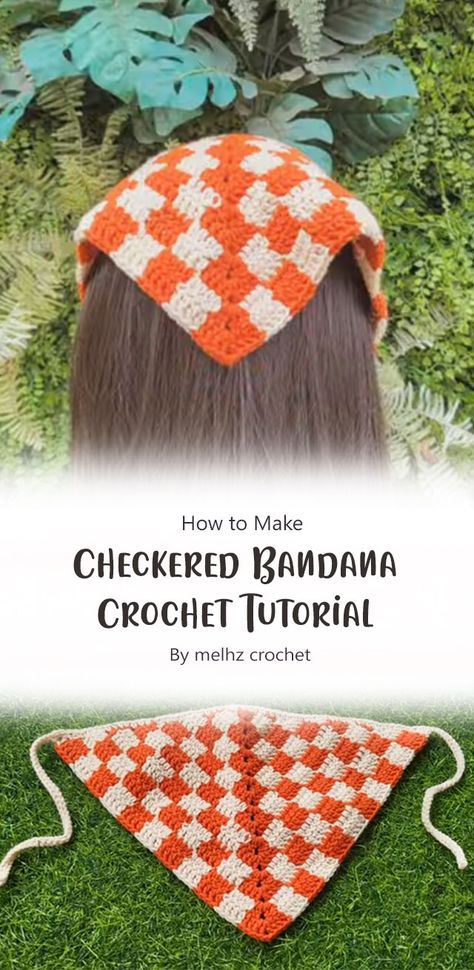 Checkered Bandana Crochet, Crochet Size 1 Yarn, Crochet Bandanna Pattern, Crochet Checkered Headband, Free Crochet Patterns Bandana, Crochet For Festivals, Crochet Strawberry Bandana Pattern Free, Crochet Granny Bandana, Easy Bandana Crochet