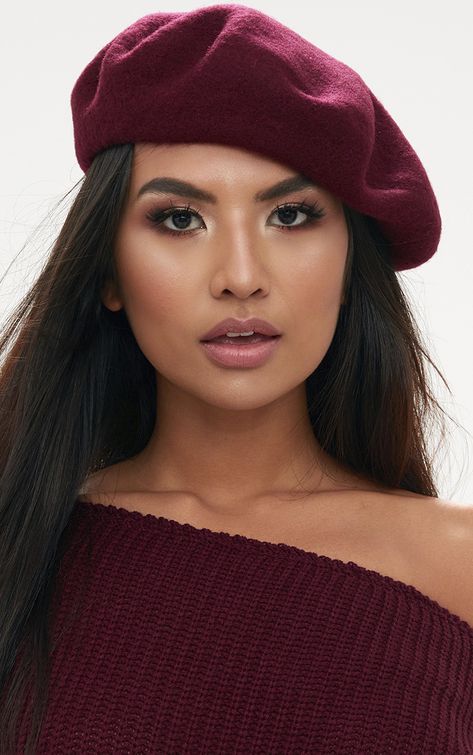 Burgundy Felt Beret | Accessories | PrettyLittleThing Burgundy Hat Outfit, Casual Brimmed Winter Beret, Elegant Wool Beret For Winter, Red Flat Cap Beret For Fall, Elegant Winter Beret One Size, French Hat Berets, Casual Red Winter Beret, French Hat, Winter Jacket Outfits