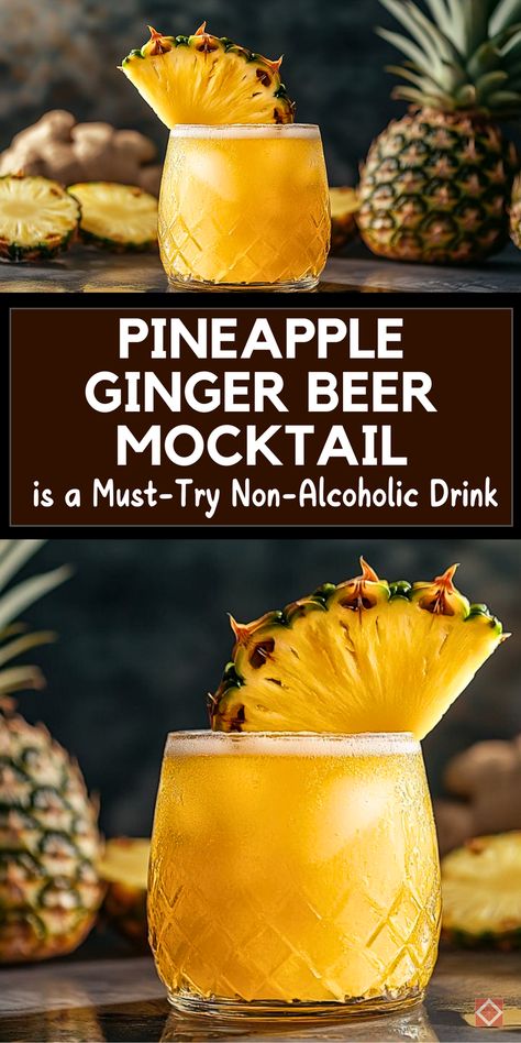 Pineapple and ginger beer come together in this irresistible mocktail recipe! Perfect for non-alcoholic sipping, it’s a refreshing drink that’s easy to make and full of flavor. Save this pin for your next favorite mocktail! Best Mock Tails, Best Mocktails To Order At A Bar, Hop Water Mocktail, Pitcher Mock Tails, Non Alcoholic Mocktail Recipes, Mocktails Health Benefits, Diy Mocktails Non Alcoholic, Gingerale Mocktail Recipes, Simple Mocktail Recipe