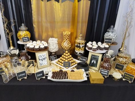 Dessert Table Ideas Black And Gold, 50th Birthday Snack Table, Black And Gold 50 Wedding Anniversary Party Decorations, Black And Gold Candy Bar, Gold And Black Sweets Table, 50th Birthday Sweet Table Ideas, Black And Gold Buffet Table Ideas, Black And Gold Party Dessert Table, 50th Birthday Party Dessert Table Ideas