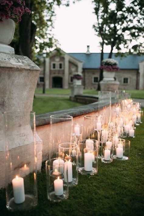 Candles Wedding Ceremony Aisle, Candle Heavy Tablescape, Cipriani Wedding, Presley Wedding, Aisle Candles, Floral Ceremony, Candlelit Wedding, Candle Lit Wedding, Courtyard Wedding